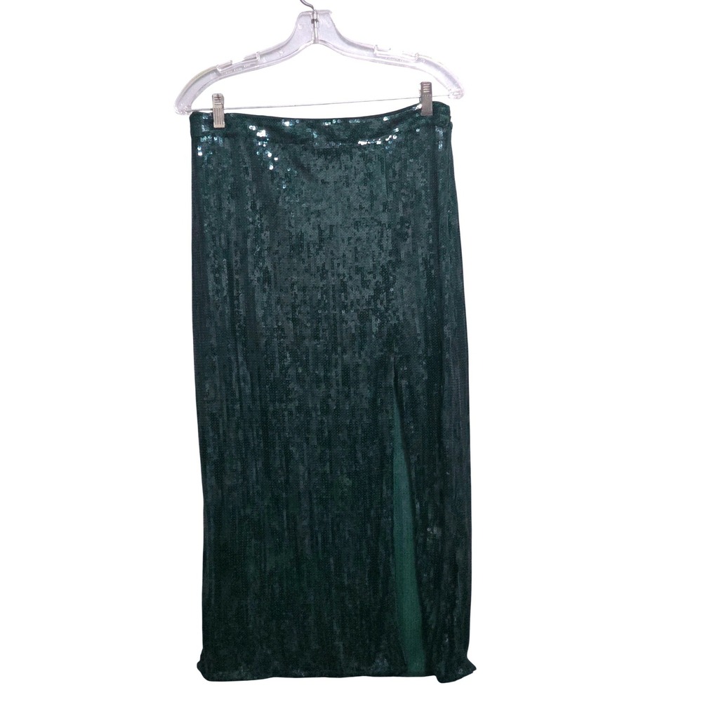 H&M Emerald‎ Green Sequin Midi Skirt Side Slit Lined P/N 1105126 6 Womens Sz 10